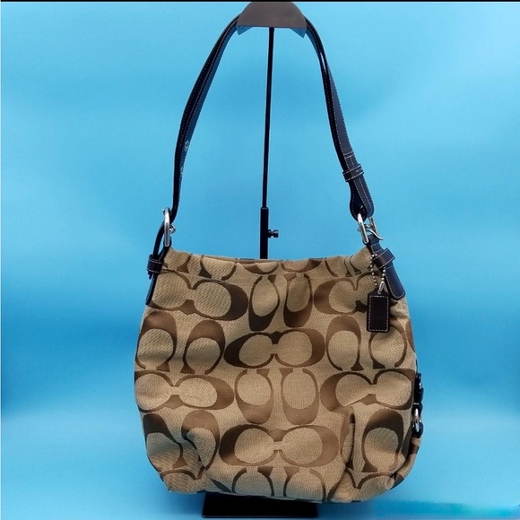 Coach Handbags - Coach Tan and Brown Signature Shoulder Bag Turns To Crossbody Bag